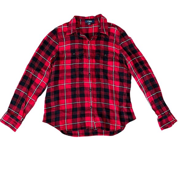 Chaps Ralph Lauren Petite Large Womens Red Black Plaid Button-Up Shirt Cabincore - Picture 1 of 7